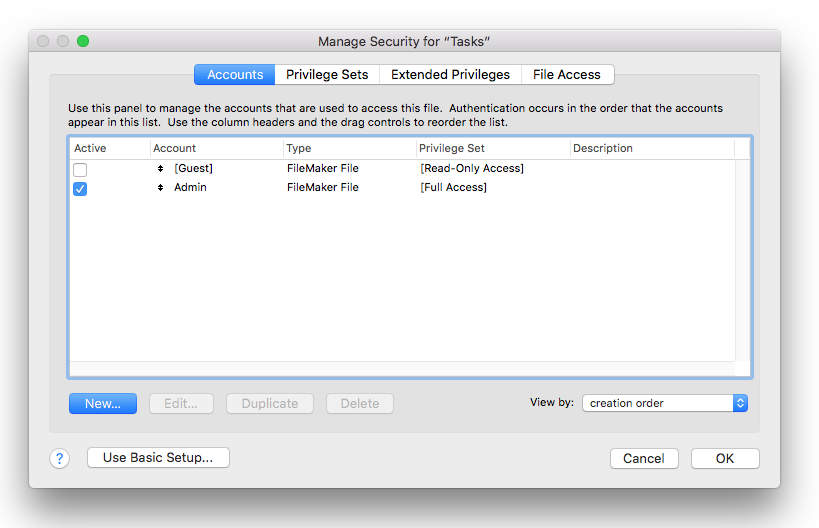 filemaker security panel