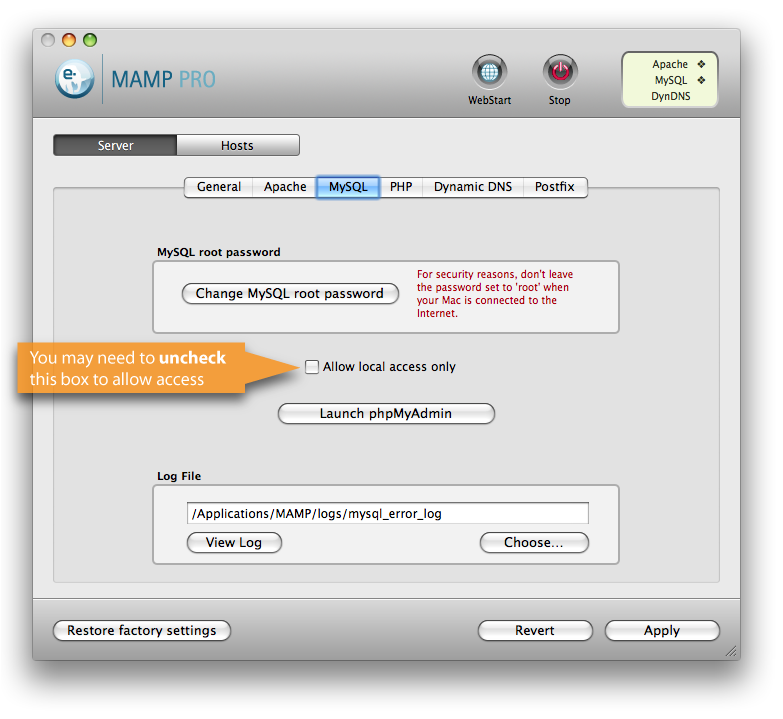 diagram showing option is in the center of the Server pane of the MAMP pro window